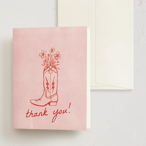 Minted Thank You Cards Pack, Set of 10, Folded Thank You Cards with Envelopes, Blank Card, Pink Boot & Flowers Design, Luxurious Paper, Designed by Independent Artists, Baby Shower, Bridal Shower - color: Party Boots
