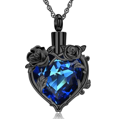 shajwo Cremation Jewelry Rose Flower Heart Urn Necklaces for Ashes for Women Memorial Human Ashes Pendant - color: Black-Blue