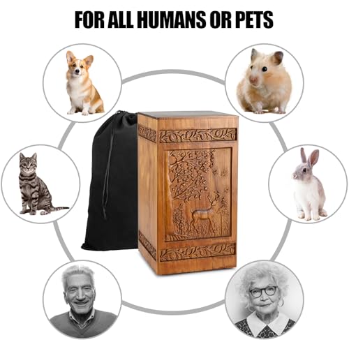 Wooden Cremation Urns for Human Ashes Adult Male Female - Handcarved Deer Wood Urn Boxe with Velvet Bag, 250 lbs Large Capacity Decorative Burial Funeral Memorial Urn