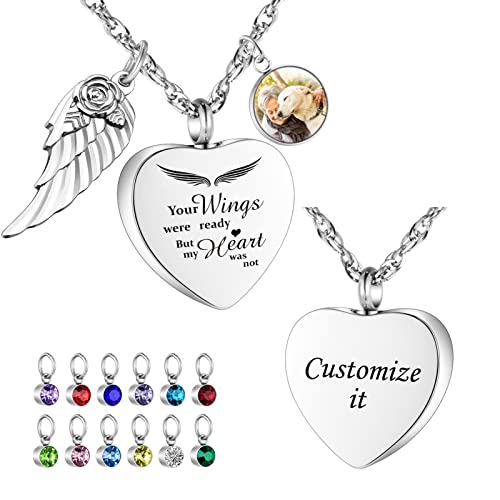 Dletay Heart Urn Necklace for Ashes with 12 Birthstones Cremation Jewelry for Ashes -Your Wings Were Ready My Heart Was Not - color: Your wings-Silver Custom