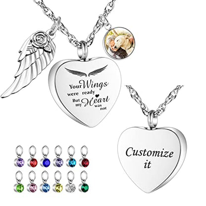 Dletay Heart Urn Necklace for Ashes with 12 Birthstones Cremation Jewelry for Ashes -Your Wings Were Ready My Heart Was Not - color: Your wings-Silver Custom