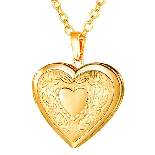 U7 Women Locket Necklace, Heart Photo Lockets Hold Picture, Gift Box Packed - color: gold
