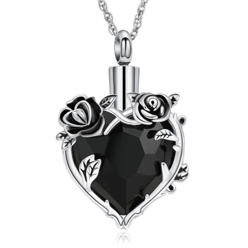 Cremation Jewelry for Ashes Rose Flower Urn Necklace with Crystal Heart Ashes Pendant Butterfly Necklaces for Women Men Memorial Keepsake Jewelry Gift - color: Silver-black