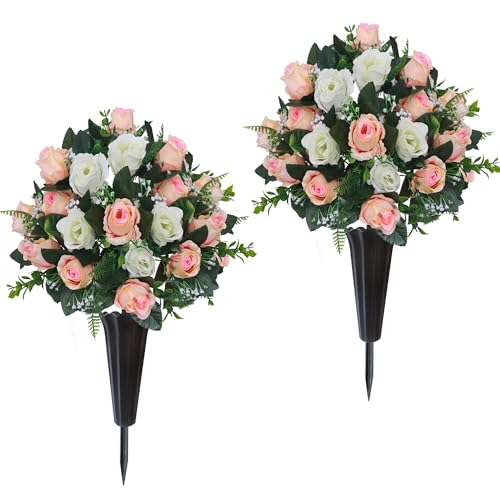 Lodou Set of 2 Artificial Cemetery Flowers, Memorial Flowers Bouquet,Grave Memorial Flowers with Vase for Cemetery Headstones Decoration (Beige White) - color: Beige White
