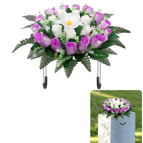 Round Headstone Flower Saddle, Artificial Cemetery Flowers for Grave, Cemetery Flowers for Grave,Outdoor Memorial Decorations for Tombstones (Deep Pink) - color: Deep Pink