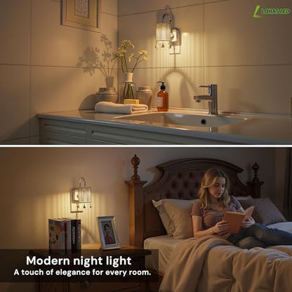 L LOHAS LED Night Lights Plug into Wall, Boho Fabric Cylinder Night Light - color: Silver pole -3000k, size: 2 Pack