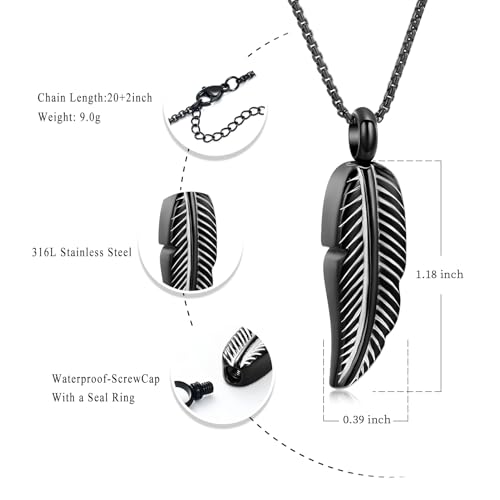 Oinsi Stainless Steel Feather Urn Necklace Hold Cremation Ashes Keepsake Memorial Jewelry +Box+Fill Kits - color: Black