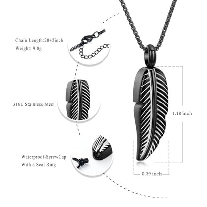 Oinsi Stainless Steel Feather Urn Necklace Hold Cremation Ashes Keepsake Memorial Jewelry +Box+Fill Kits - color: Black