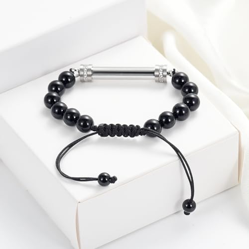 Cylinder Cremation Bracelet for Ashes Urn Jewelry Stainless Steel Memorial Keepsake Urn Bracelet Bangle Ashes Holder - color: Adjustable Bead Bracelet-Silver