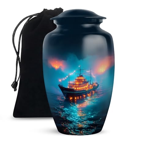 10 Inch Sailing Ship Memorial Urn for Human Ashes Male & Female - Blue Large Adult Cremation Urns - Ocean Funeral Urn for Mom - Decorative Sailing Design Ashes Container - color: Ship Blue Urn-3, size: 10 Inch