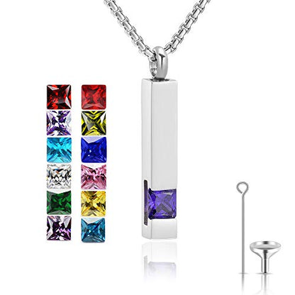 YOUFENG Urn Necklaces for Ashes Birthstone Cube Urns for Human Ashes Memorial Cremation Urn Locket Keepsake Ashes Jewelry - style: Silver - February