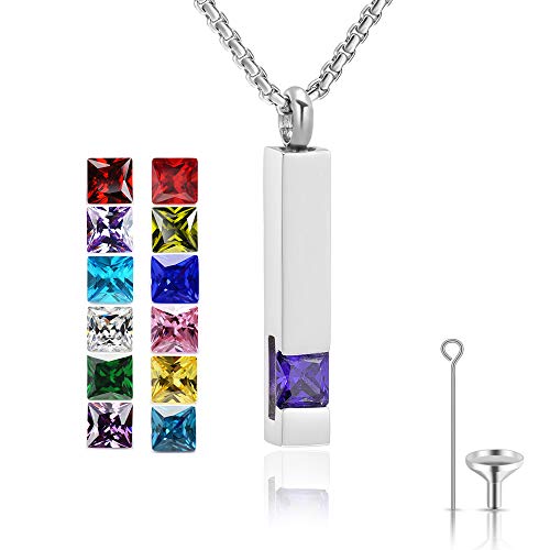 YOUFENG Urn Necklaces for Ashes Birthstone Cube Urns for Human Ashes Memorial Cremation Urn Locket Keepsake Ashes Jewelry - style: Silver - February