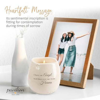 Pavilion Light Your Way Memorial Ceramic Vessel - 100% Soy Wax Candle with "I Have an Angel Watching Over Me From Heaven" Text, Decorative Soy Filled Candle, Scent of Tranquility, 8 oz, White - style: In Memory, Angel Watching