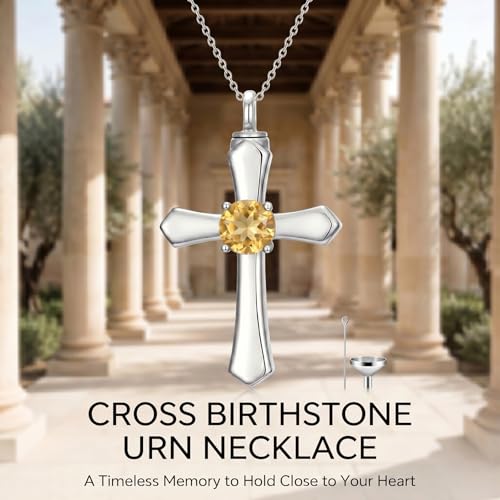 YYB Urn Necklace for Ashes Women Heart Birthstone Cross Cremation Jewelry | Memorial Keepsake Funeral Jewelry for Loved Ones (with Funnel Filler) - color: 11--Citrine November
