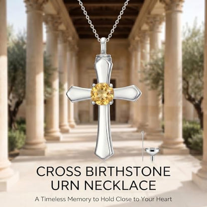 YYB Urn Necklace for Ashes Women Heart Birthstone Cross Cremation Jewelry | Memorial Keepsake Funeral Jewelry for Loved Ones (with Funnel Filler) - color: 11--Citrine November