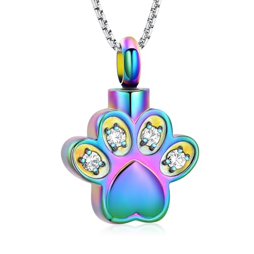 Paw Print Urn Necklace for Ashes Pet Paw Cremation Jewelry Ashes Necklace Keepsake Memorial Jewelry for Pet/Dog's/Cat's Ashes Pendant Gifts for Men/Women - color: Rainbow Paw