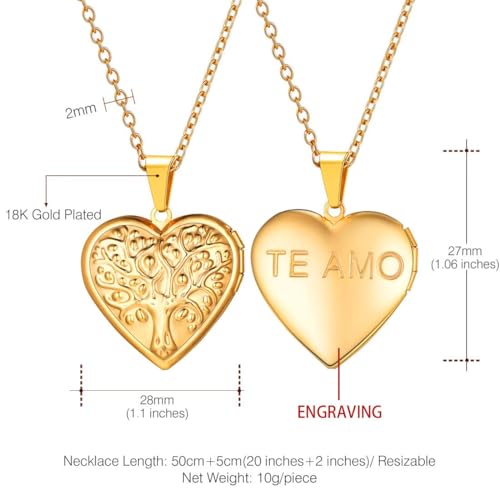 U7 Women Locket Necklace, Heart Photo Lockets Hold Picture, Gift Box Packed - color: 04# Gold(Tree)