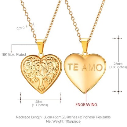 U7 Women Locket Necklace, Heart Photo Lockets Hold Picture, Gift Box Packed - color: 04# Gold(Tree)