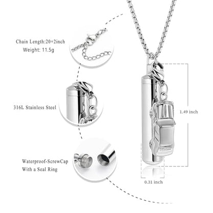 Oinsi Car Charm & Cylinder Urn Necklace for Ashes Stainless Steel Tube Cremation Urn Jewelry Necklace for Ashes Memorial Keepsake Gifts - color: Silver Tone