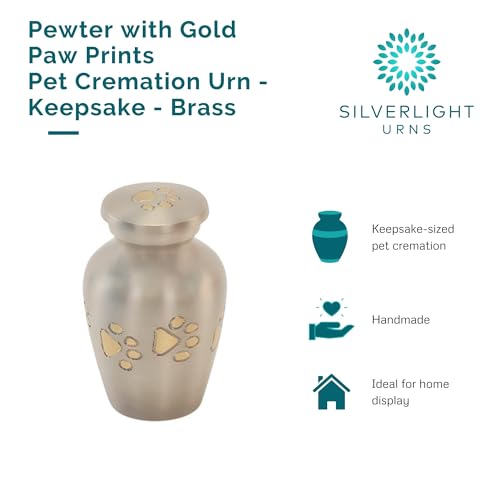 Pewter with Gold Paw Prints Pet Keepsake Cremation Urn for Ashes, Brass, Silver Urn, Dog Urn, Cat Urn, Keepsake Sized Pet Urn, 2.5 Inches High - color: Pewter Silver