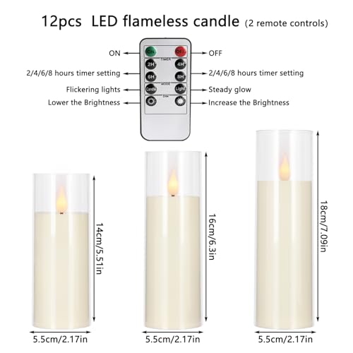 fclayvts 12 Packs of Acrylic LED Candles, Flickering Flameless Candles Battery Operated with Remote Dimmed and Timed, 3D Wick Candles for Home Decor,Wedding,Gift，Parties and Festivals. (3 Size Ivory) - size: 12-Pack-Acrylic