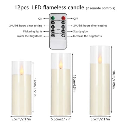 fclayvts 12 Packs of Acrylic LED Candles, Flickering Flameless Candles Battery Operated with Remote Dimmed and Timed, 3D Wick Candles for Home Decor,Wedding,Gift，Parties and Festivals. (3 Size Ivory) - size: 12-Pack-Acrylic