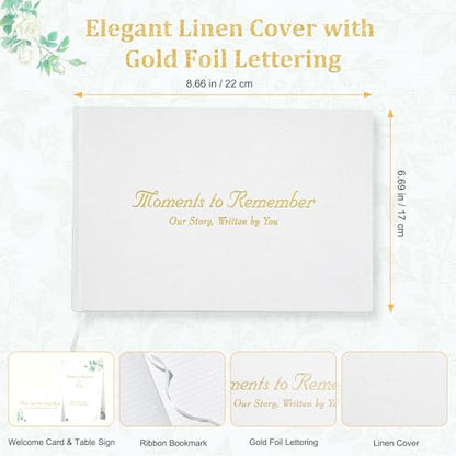 Wedding Guest Book Set, White Linen Hardcover, Gold Foil, 120 Pages - color: White