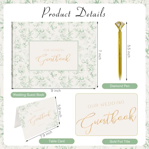 Green Floral Wedding Guest Book with Pen, Hardcover, 144 Pages, 9x7 inches | Gold Foil Title, Space for Polaroid Photos Messages, Sign In Book for Reception, Bridal Shower Guest Book, Engagement Party - color: Green