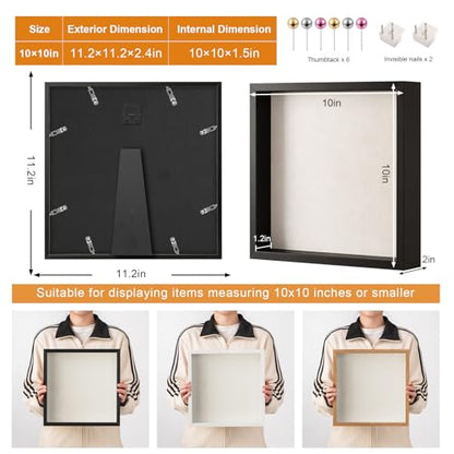 10x10 Shadow Box Frame with Ultra-Clear Glass & Soft Linen Back - color: Black+high Definition Panel + Shatter-proof Packaging, size: 10x10