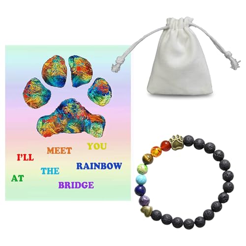 Rainbow Bridge Pet Memorial Gift Lava Bead Bracelet | Memory of Dogs Cats, Sympathy Keepsake Bracelet for Pet Loss and Animal Lovers