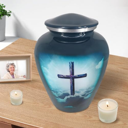 M MEILINXU Turquoise Cross Urns for Human Ashes Adult Female, Full Size Urn - color: Turquoise