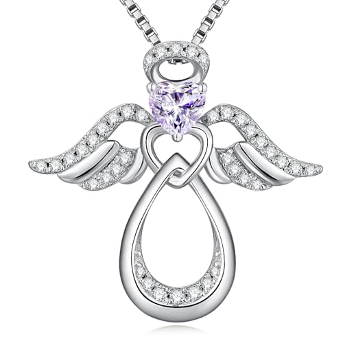 925 Sterling Silver Guardian Angel Pendant Necklace for Women with Birthstone Cubic Zirconia Little Angel Pendant Necklace Jewelry 18 inch Chain - color: 06-June-Alexandrite