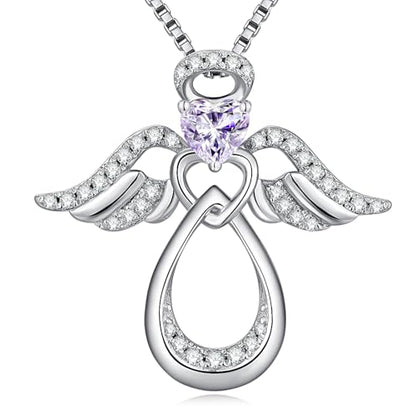 925 Sterling Silver Guardian Angel Pendant Necklace for Women with Birthstone Cubic Zirconia Little Angel Pendant Necklace Jewelry 18 inch Chain - color: 06-June-Alexandrite