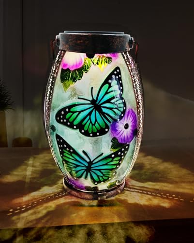 Hanging Solar Lantern Waterproof Garden Light Butterfly | Glass & Metal, Tabletop Light with Hollowed-Out Design for Garden Patio Table Decor, Gifts for Friends and Family - style: Butterfly-Glass