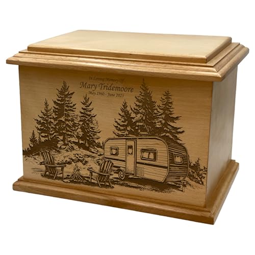 Wooden Urn for Human Ashes, Large Funeral Cremation Urn with Personlaization and Multiple Designs (Camp Trailer)