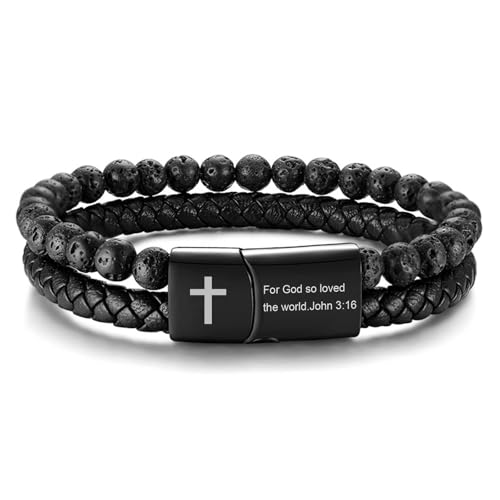 Men's Cross Bracelet for Men : Inspirational Bible Verse Black Leather Bracelets Christian Catholic Religious Jewelry Gifts Ideas for Man, Healing Lava Rock Bead Cross Bracelet Leather Wristband - color: For God so loved the world..., size: Large(fit 7.8"
