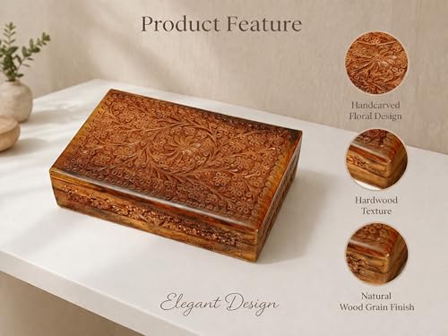 India House-Hand Engraved FLORAL Wooden Box Keepsake Jewelry Organizer &Storage (Design 8) - color: Design 8
