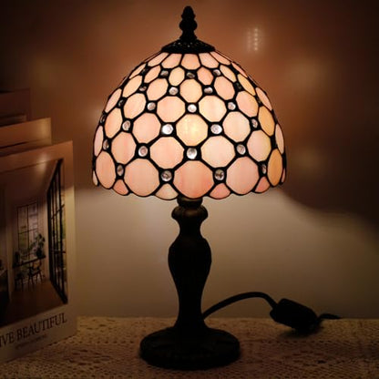 Small Tiffany Stained Glass Table Lamp,Pink | Mini Desk Accent Light, Bedroom Bedside Reading, Antique Style Decor, 8X15 Inches - color: Pink