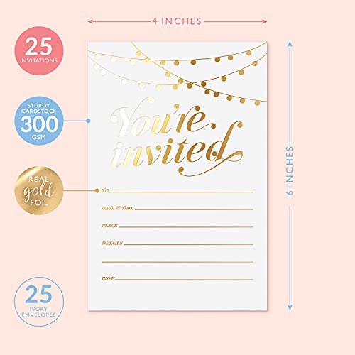 S&O Party Invitations! 25 Gold Foil Traditional Invitations with Envelopes, Wedding, Baby, & Bridal Shower Invite, Housewarming Birthday, and Girls Quinceanera Invite Cards for Every Celebration - 4x6 - color: Gold