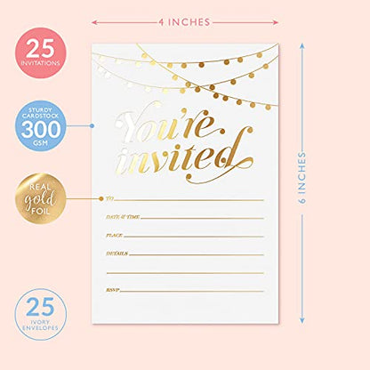 S&O Party Invitations! 25 Gold Foil Traditional Invitations with Envelopes, Wedding, Baby, & Bridal Shower Invite, Housewarming Birthday, and Girls Quinceanera Invite Cards for Every Celebration - 4x6 - color: Gold