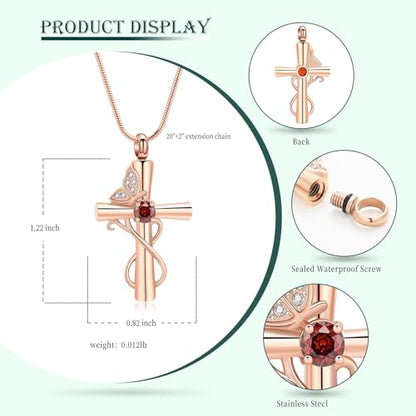 Butterfly Cross Cremation Jewelry Urn Necklaces Cross Butterfly Urn Necklaces for Ashes Memorial Keepsake Pendant for Women Men Gifts With Funnel Kit & Bag - color: Rose+Red