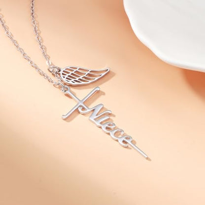 Lcherry Cremation Cross Necklace for Women - Angel Wing Faith Cross Necklace Memorial Gifts Religious Jewelry for Women - style: Niece