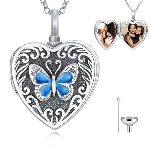 PELOVNY Urn Necklaces for Ashes of Loved Ones 925 Sterling Silver Personalized Heart Locket Urn Necklace Cremation Keepsake Memorial Jewelry Gifts for Women Men - color: Butterfly Locket Urn