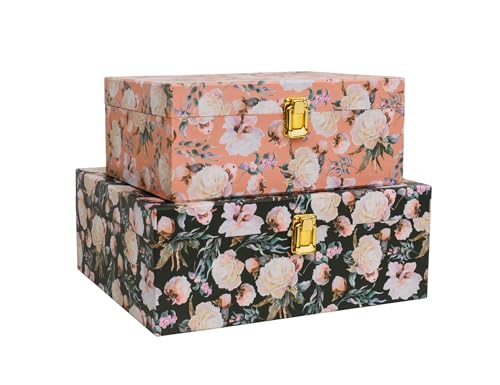 2-Piece Vintage Floral Keepsake Boxes with Lids, Romantic Botanical Garden Design, Decorative Cardboard Memory Storage with Gold-Tone Accent, Elegant Home Décor Storage - color: Romantic Botanical Garden