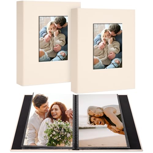 2 Pack Photo Album Holds 48 Pockets with Linen Cover and Customizable Window, Fits 4x6 Photos, Archival Black Pages, Beige - color: Beige, size: 48 Pockets-2 Packs
