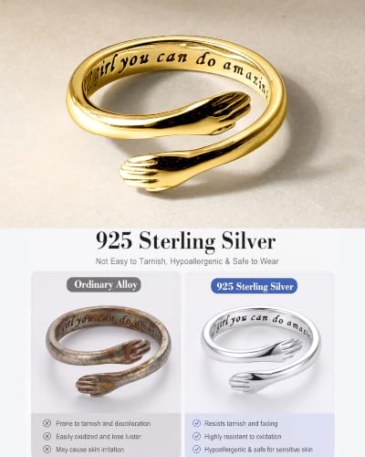LOVECOM S925 Sterling Silver Hug Rings for Women Teen Girls Mother Daughter - color: Gold-Beautiful g@rl you can do amazing things, size: US Size 8