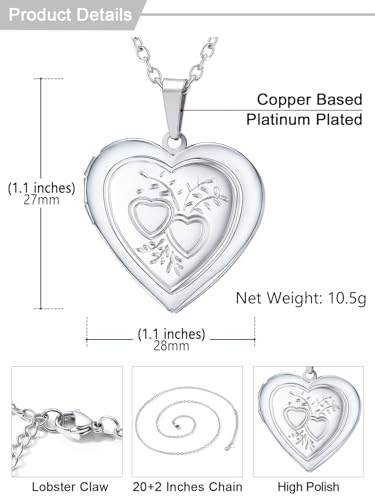 U7 Women Locket Necklace, Heart Photo Lockets Hold Picture, Gift Box Packed - color: 03# Platinum*2 Heart