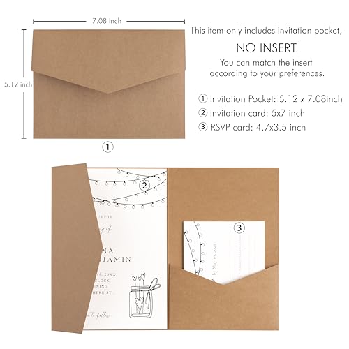 20 PCS Kraft Tri-fold Laser Cut Wedding Invitation Pockets for 5x7 Wedding Cards Bridal Shower Engagement Quinceanera Invite - color: Karft