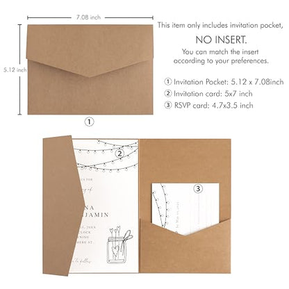 20 PCS Kraft Tri-fold Laser Cut Wedding Invitation Pockets for 5x7 Wedding Cards Bridal Shower Engagement Quinceanera Invite - color: Karft