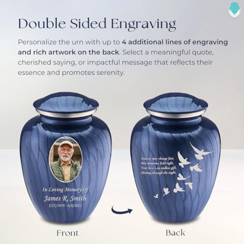 Embrace Adult Personalized Doves Cremation Urns for Human Ashes I Large Picture Pearl Cobalt Blue Funeral Urn for Adult Men and Women with Double Side Engraving I 200 lbs - color: _Pearl Cobalt Blue (Double Sided)